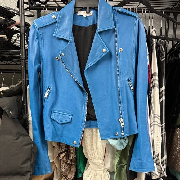 Iro Blue Leather Biker moto motorcycle Jacket Ashville - Picture 1 of 5